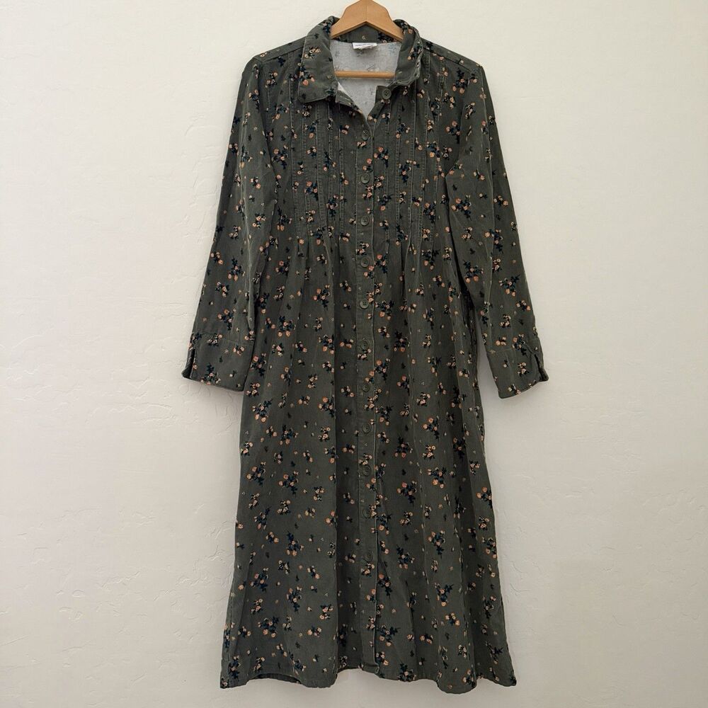 Vermont Country Store Corduroy Floral Dress L Tie Waist Cottagecore Midi